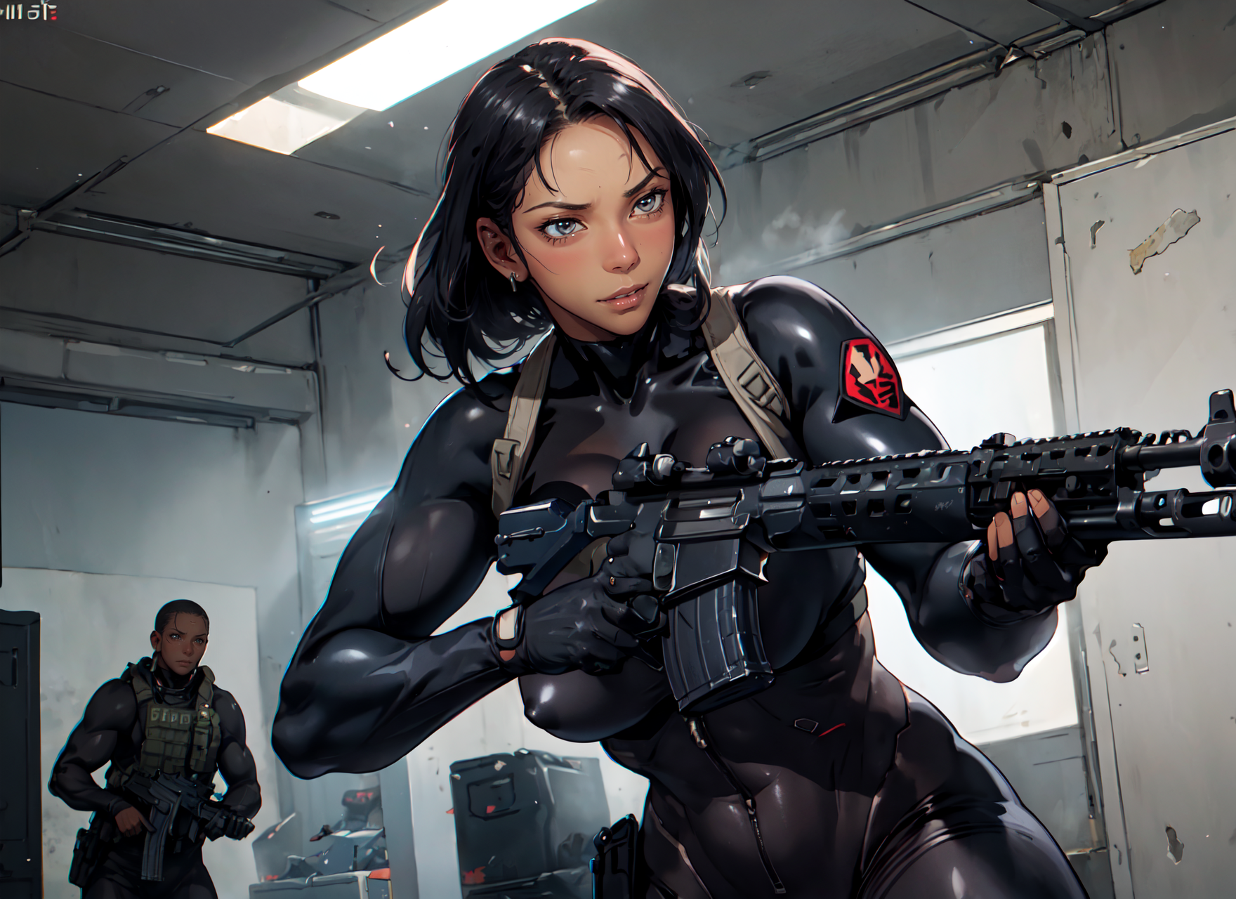 00187-1341102134-mature female,large breasts, muscular, (dark skin_1.4), holding weapon, assault rifle, m4 carbine, (firing, aiming),  bodysuit,.png